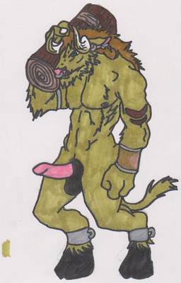 3_fingers anthro balls biped brown_hair cuff_(restraint) ear_piercing erection facial_piercing fingers fur genitals green_body green_fur hair holding_object hooves horn log male muscular muscular_anthro muscular_male nipples nose_piercing nose_ring nude penis piercing restraints ring_piercing shackles simple_background solo standing tail tattoo white_background wood huskyboigryphin blizzard_entertainment warcraft bovid bovine mammal tauren hi_res