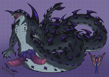 2_penises animal_genitalia animal_penis anthro apode arm_spikes claws coiled_tail fangs forked_tongue genital_slit genitals geometric_background gradient_penis grey_body grey_scales grid_background head_spikes hemipenes horn knot knotted_penis legless long_tail male multi_genitalia multi_penis muscular muscular_anthro nude nude_anthro nude_male pattern_background penis pupils purple_tongue red_eyes scales serpentine sharp_teeth shoulder_spikes simple_background slit_pupils solo spiked_tail spikes spikes_(anatomy) standing tail teeth tongue tongue_out vein veiny_penis snakemutt capcom monster_hunter veritas dalamadur draconcopode elder_dragon naga reptile scalie snake 2025 full-length_portrait hi_res model_sheet portrait