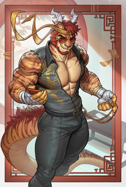 abs anthro bandaged_hand beard bottomwear bulge clothed clothing eyewear facial_hair front_view glasses grey_bottomwear grey_clothing grey_pants grey_topwear grey_vest hair looking_aside male male_anthro markings open_clothing open_topwear open_vest orange_body pants pecs red_beard red_facial_hair red_hair short_hair smile solo standing striped_arms striped_markings striped_tail stripes tail tail_markings tan_body tinted_glasses topwear vest edvardiko mythology reongzhi dragon felid hybrid mammal mythological_creature mythological_scalie pantherine scalie tiger absurd_res hi_res portrait three-quarter_portrait