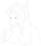 anthro breasts drinking_straw extreme_size_difference female micro nipples non-mammal_breasts nude size_difference slurp solo vore eyeofcalamity mythology bridgette_(golderoug) dragon mythological_creature mythological_scalie scalie 2023 absurd_res hi_res monochrome