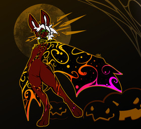andromorph anthro bat_ears bat_nose collar collar_only eyeless food fruit full_moon fur genitals hair holidays intersex jack-o'-lantern long_hair moon nude nude_andromorph nude_anthro plant pumpkin red_body red_fur solo spider_web standing tail vulva white_hair winged_arms wings conditional_dnp lodi_(artist) halloween lodi_(character) bat demon mammal hi_res nonbinary_(lore)