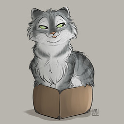 1:1 ambiguous_gender blep box conditional_dnp container domestic_cat felid feline felis feral fur green_eyes grey_background grey_body grey_fur in_box in_container mammal simple_background sitting solo tani_da_real tongue tongue_out whiskers