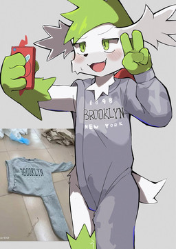 anthro biped blush clothing fur gesture green_eyes grey_clothing grey_sweater grey_topwear hand_gesture male pokemorph selfie slim_anthro slim_male solo sweater topwear unusual_clothing v_sign white_body white_fur aya_tsuji brooklyn_sweater meme_clothing nintendo pokemon generation_4_pokemon legendary_pokemon pokemon_(species) shaymin sky_forme_shaymin 2025 hi_res meme