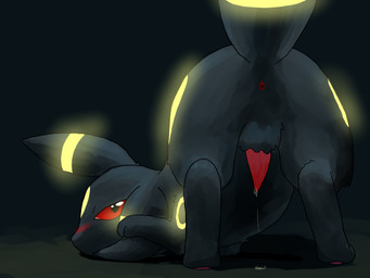 anus ass_up backsack balls bioluminescence blush butt dark erection feral genitals glowing glowing_markings looking_at_viewer looking_back male markings nude penis presenting presenting_hindquarters raised_tail red_eyes red_sclera simple_background solo tail tapering_penis ciagoma ちゃゴマ nintendo pokemon eeveelution generation_2_pokemon pokemon_(species) umbreon 4:3