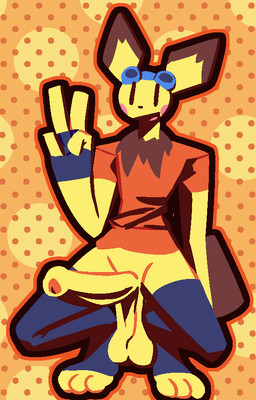 anthro anthrofied balls big_penis bottomless clothed clothing crouching dotted_background eyewear eyewear_on_head genitals gesture goggles goggles_on_head hand_gesture handwear huge_penis male multicolored_body neck_tuft open_mouth open_smile outline partially_clothed pattern_background penis pokemorph saggy_balls shirt simple_background smile solo t-shirt topwear tuft v_sign dakuterooty nintendo pokemon generation_2_pokemon pichu pokemon_(species) lineless