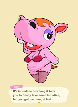 anthro belly biped bra breasts clothing dialogue eyelashes eyeshadow female hair legwear makeup open_mouth open_smile orange_hair overweight overweight_anthro overweight_female panties pink_body purple_eyeshadow simple_background smile solo tail tan_background teeth text underwear impstripe animal_crossing nintendo bitty_(animal_crossing) common_hippopotamus hippopotamid mammal english_text hi_res