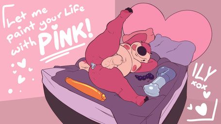 anal anal_penetration animal_genitalia anthro balls bed belly big_butt butt buttplug buttplug_in_ass buttplug_insertion dildo eyes_closed fur furniture genitals hair heart_symbol male nipples nude object_in_ass overweight overweight_male paws penetration pillow pink_body pink_fur pink_hair plug plug_(sex_toy) plug_insertion purple_nose sex_toy sex_toy_in_ass sex_toy_insertion sheath solo spread_legs spreading text tongue tongue_out thewilldpink jeffrey_taggart hyena mammal english_text hi_res