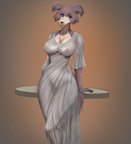 anthro big_breasts biped breasts brown_background cleavage clothed clothed_anthro clothed_female clothing dress female female_anthro front_view furniture grey_eyes leaning_on_table looking_at_viewer nipples_visible_through_clothing pose simple_background solo standing table tail translucent translucent_clothing vignette sunstripe beastars juno_(beastars) canid canine mammal absurd_res digital_media_(artwork) digital_painting_(artwork) hi_res painting_(artwork) portrait shaded soft_shading three-quarter_portrait