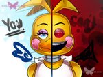 anthro beak bib dialogue feathers female head_tuft heterochromia looking_at_viewer machine nightmare_fuel open_mouth open_smile pink_cheeks smile solo split_form split_personality text tuft yellow_body e-c98 five_nights_at_freddy's five_nights_at_freddy's_2 scottgames toy_chica_(fnaf) animatronic avian bird chicken galliform gallus_(genus) phasianid robot 2015 4:3 english_text watermark