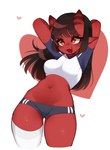 athletic_wear bangs black_hair bottomwear breasts camel_toe clothed clothing crop_top female footwear freckles hair hands_behind_head heart_symbol legwear long_hair midriff navel not_furry one_sock one_thigh_high open_mouth raglan_shirt red_body shirt shorts simple_background socks solo thigh_highs thigh_socks topwear white_clothing white_footwear white_legwear white_socks white_thigh_highs white_thigh_socks fredek666 meru_(merunyaa) demon demon_humanoid humanoid digital_media_(artwork) hi_res portrait shaded three-quarter_portrait