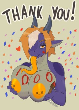 anthro bodily_fluids breast_squish breasts brush confetti female hair horn long_tongue mature_anthro mature_female multicolored_hair nipple_piercing nipples paint paintbrush piercing solo squish sweat sweatdrop text tongue two_tone_hair white_hair saltymaw mythology hope_(saltymaw) dragon mythological_creature mythological_scalie scalie absurd_res hi_res milestone_celebration