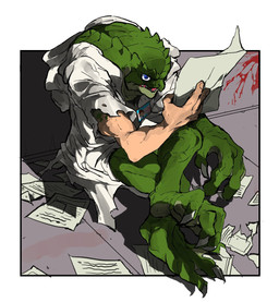 anthro blood blood_splatter bodily_fluids claws clothing coat document documents growth id_card lab_coat laboratory male mid_transformation name_badge open_mouth paper scale_growth scales scientist sharp_teeth solo teeth topwear torn_clothing transformation happo_88 capcom resident_evil umbrella_corporation human hunter_(resident_evil) mammal reptile scalie