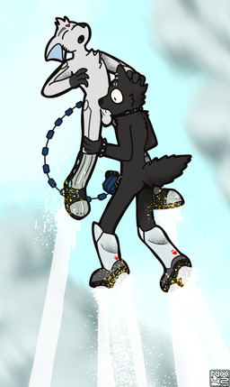3_eyes anthro black_body black_fur black_markings blue_tongue boots clothing cybernetic_eye cybernetic_limb cybernetic_tail cybernetics duo ear_piercing electrostimulation eyes_closed fellatio flying footwear fur machine male male/male markings multi_eye oral orgasm penile piercing rocket_boots sex shoes silver_boots sky skyscape tongue wide_eyed nx-42 joel_calley zalno canid canine canis mammal wolf absurd_res hi_res