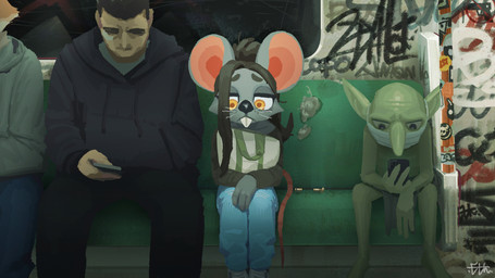 anthro biped bottomwear clothed clothed_anthro clothed_female clothed_human clothed_male clothing electronics female fingers front_view fully_clothed fully_clothed_anthro fully_clothed_female fully_clothed_human fully_clothed_male fur group hair male phone sitting tail teeth topwear whiskers el-k goblin human mammal mouse murid murine rodent 16:9 2026 digital_drawing_(artwork) digital_media_(artwork) hi_res widescreen