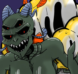 antennae_(anatomy) anthro arthropod_abdomen arthropod_abdomen_genitalia arthropod_abdomen_penetration arthropod_abdomen_vulva big_breasts black_sclera blue_horn blush blush_lines breasts caressing_face caressing_head cleavage clothed clothing duo female genitals green_body green_skin grey_body grey_skin horn looking_at_viewer male male/female mandibles multi_eye orange_wings penetration penis pubes pupils red_eyes red_pupils sharp_teeth simple_background size_difference smile teeth vaginal vaginal_penetration vulva wings crimsontyd earthworm_jim_(series) queen_slug-for-a-butt alien arthropod gastropod human humanoid mammal mollusk slug taur absurd_res hi_res