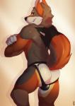 anthro black_nose brown_eyes bulge butt claws clothing crossed_arms fur grey_body grey_fur jockstrap looking_at_viewer looking_back male multicolored_body multicolored_fur muscular muscular_anthro muscular_male orange_body orange_fur panties pose raised_tail rear_view smile smirk solo tail underwear white_body white_fur mystikfox61 ochropus canid canine canis coyote mammal signature