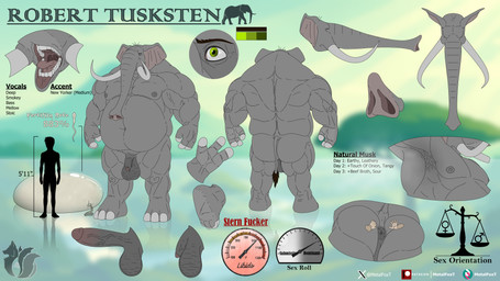 anthro belly big_belly butt condom filled_condom male musclegut muscular musk nipples overweight proboscis_(anatomy) sexual_barrier_device size_difference solo text trunk_(anatomy) tusks metalfoxt robert_tusksten elephant elephantid mammal proboscidean 16:9 absurd_res english_text hi_res model_sheet widescreen
