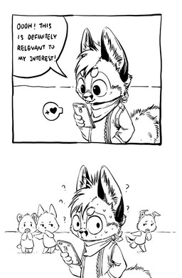 ambiguous_gender anthro bodily_fluids clothed clothing dialogue disgust fur hair heart_symbol kerchief male question_mark scared solo speech_bubble sweat tablet_computer text tongue tongue_out silverfox5213 2017 black_and_white comic english_text monochrome