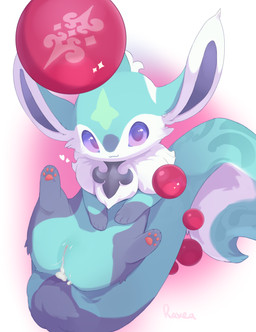 :3 big_ears big_tail bodily_fluids cheek_tuft cum cum_drip cum_in_vagina cum_inside cum_string dripping facial_tuft female feral front_view fur fur_markings genital_fluids genitals green_body green_fur grey_body grey_fur heart_symbol legs_up levitation looking_at_viewer markings motion_lines orb solo tail tuft vulva raxea final_fantasy mythology square_enix mythological_carbuncle mythological_creature 2026 absurd_res colored digital_media_(artwork) hi_res