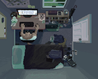 anthro bedroom brown_body brown_fur computer detailed_background door electronics fur furniture grass keyboard male plant solo table umbrella window demensa canid canine canis domestic_dog mammal 2021 digital_media_(artwork) pixel_(artwork)