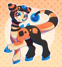 ambiguous_feral ambiguous_gender black_body black_eyes black_fur black_tail blue_hooves blue_nose cosplay feral fur hooves looking_at_viewer mouth_closed narrowed_eyes orange_body orange_fur orange_tail pattern_background pupils side_view simple_background solo tail white_pupils yellow_body yellow_fur yellow_tail bloominglynx nintendo pokemon farigiraf generation_9_pokemon pokemon_(species) digital_drawing_(artwork) digital_media_(artwork) hi_res