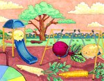 :3 ambiguous_gender amusement_ride beet carousel carrot chasing cloud dot_eyes feral flower food group in_tree onion outside parsnip pea plant playground playing potato running simple_eyes sky slide swinging swingset tree vegetable gwendolyn_wood canid canine elemental_creature flora_fauna food_creature living_vegetable mammal 2025 absurd_res hi_res painting_(artwork) traditional_media_(artwork)