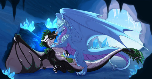 animal_genitalia anus black_body blue_body blue_eyes blue_penis bodily_fluids cave claws cum cum_on_penis cum_on_self duo erection eyes_mostly_closed feral feral_on_feral french_kissing frottage genital_fluids genital_slit genitals green_body green_penis handjob horn ice ice_cave kissing male male/male male_feral masturbation narrowed_eyes orange_eyes penile penile_masturbation penis penises_touching pink_body pink_tongue saliva sex sharp_teeth tail teeth tongue white_body wings owishka mythology dragon mythological_creature mythological_scalie scalie hi_res