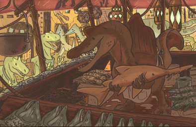 ambiguous_gender apron bucket claws clothing container feral head_crest male market market_stall marketplace open_mouth sail_(anatomy) scales sharp_teeth size_difference solo store tail teeth toony_eyes village aalexfletcher ambiguous_species aquatic azhdarchid coelacanth dinosaur fish lobe-finned_fish prehistoric_species pterosaur ray_(fish) reptile saurischian sauropod sauropodomorph sawfish scalie spinosaurid spinosaurus theropod hi_res