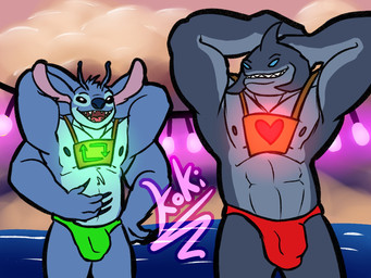4_arms 4_fingers abs antennae_(anatomy) anthro anthrofied areola biped black_eyes blue_areola blue_body blue_eyes blue_fur blue_nose bulge clothing dipstick_antennae duo fingers fur glowing grey_body grey_skin grin hand_on_hip hands_behind_head heart_symbol looking_at_viewer male male/male multi_arm multi_limb multicolored_antennae muscular muscular_anthro muscular_male notched_ear open_mouth open_smile retweet sharp_teeth smile speedo string_lights swimwear teeth water koki_1 disney lilo_and_stitch gantu stitch_(lilo_and_stitch) alien experiment_(lilo_and_stitch) 2021 4:3 digital_drawing_(artwork) digital_media_(artwork) hi_res signature watermark
