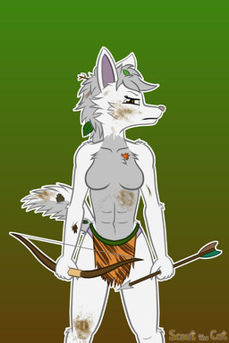 abs animal_print anthro arrow_(weapon) athletic athletic_female bottomwear bow_(weapon) breasts brown_eyes clothed clothing dirty female fur grey_hair hair leaf leaf_in_fur leaf_on_head loincloth navel panties pine_needles ranged_weapon solo stick tail tiger_print topless underwear weapon white_body white_fur scoutthecat02 sigma_(scoutthecat02) canid canine canis mammal wolf 2:3 hi_res