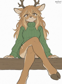 2_horns :3 anthro bangs biped blush blush_lines bottomless bottomless_anthro bottomless_female breasts brown_body brown_eyes brown_fur brown_hair clothed clothing crossed_legs eyebrows eyelashes female female_anthro front_view fur glistening glistening_eyes green_clothing green_sweater green_topwear green_turtleneck hair hooves horn inner_ear_fluff long_hair looking_at_viewer medium_breasts pose pupils simple_background sitting smile smiling_at_viewer spots sweater sweater_only text topwear topwear_only tuft turtleneck white_spots wooden_plank eneki_sei deer mammal 2026 artist_name colored dated digital_drawing_(artwork) digital_media_(artwork) portrait shaded signature three-quarter_portrait