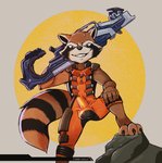 5_fingers accessory anthro balls_outline bulge clothed clothing detailed_bulge erection erection_under_clothing fingers genital_outline long_tail male nails paws penis_outline simple_background smile solo tail tight_clothing uniform weapon tobbywolf guardians_of_the_galaxy marvel rocket_raccoon mammal procyonid raccoon