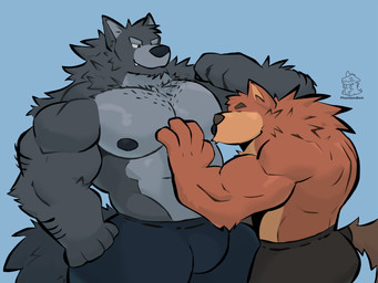 anthro anthro_on_anthro areola barazoku biped blue_background body_hair bottomwear brown_body brown_fur chest_hair chest_tuft clothed clothing duo eyes_closed fingers fist fur grey_body grey_fur hand_on_chest hand_on_hip humanoid_hands larger_anthro larger_male logo looking_at_another male male/male muscular muscular_anthro muscular_arms muscular_male nipple_fetish nipple_play nipple_suck nipples pants pecs simple_background size_difference smaller_anthro smaller_male smile smirk smug sucking tail text topless topless_anthro topless_male tuft phantasmbark canid canine canis mammal wolf 2025 4:3 artist_logo artist_name colored hi_res shaded spanish_description watermark