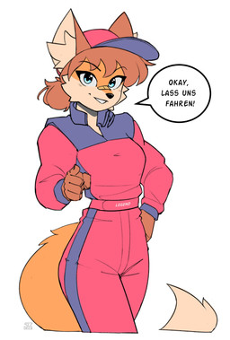 anthro bandage bandage_on_face bandage_on_nose blue_eyes clothing dialogue ear_tuft female gesture gloves hair hair_bun hand_gesture hand_on_hip handwear hat headgear headwear jumpsuit pointing pointing_at_viewer smile solo speech_bubble tail text tuft 427deer nurburgring canid canine fox mammal 2023 absurd_res german_text hi_res translated
