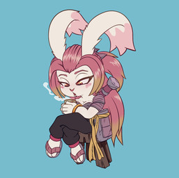 abstract_background anthro armor blowing blowing_steam container cup female long_ears melee_weapon monotone_background simple_background sitting solo sword sword_on_back tea_cup warm warmth weapon weapon_on_back turkojar gunfire_reborn tao_(gunfire_reborn) lagomorph leporid mammal rabbit hi_res
