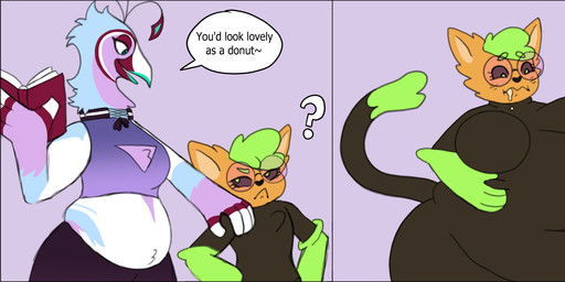 ambiguous_gender anthro belly_bed dialogue duo eyewear glasses male morbidly_obese navel obese overweight tail text transformation weight_gain lorejuniper amadeus_(lorejuniper) pumkat avian bird felid galliform mammal peafowl phasianid comic english_text hi_res sequence nonbinary_(lore)