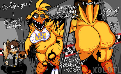 3_fingers anthro beak belly bib big_belly big_breasts big_butt breasts brown_body brown_fur butt butt_jiggle canon_x_oc cellulite covering covering_breasts doorway duo erection eyelashes facial_tuft feathers female fingers fur huge_belly huge_butt jiggling machine male male/female overweight overweight_female size_difference stretch_marks stuck stuck_in_door teeth text thick_thighs tuft yellow_body yellow_feathers xolotl_59 five_nights_at_freddy's five_nights_at_freddy's_2 five_nights_at_frickbear's five_nights_at_frickbear's_(series) five_nights_at_frickbear's_3 scottgames alejandro_(xolotl_59) withered_chica_(fnaf) withered_chica_(frickbear's) animatronic avian bird canid canine canis chicken galliform mammal phasianid robot wolf 2026 colored digital_drawing_(artwork) digital_media_(artwork) english_text