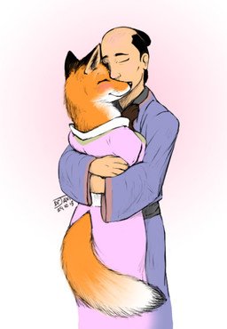 anthro asian_clothing blue_clothing clothing female fox_tail fur hug hugging_another hugging_partner kemono male orange_body orange_fur pink_clothing romantic romantic_couple simple_background drjavi unnamed_character canid canine fox human mammal red_fox true_fox