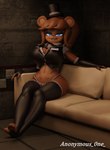 anthro big_breasts blue_eyes breasts brown_hair clothed clothing crossgender female fingers furniture hair hat headgear headwear legwear mtf_crossgender name_tag panties sofa solo thigh_highs top_hat underwear anonymous_0ne five_nights_at_freddy's fredina's_nightclub scottgames freddy_(fnaf) fredina_(cally3d) bear mammal 2023 3d_(artwork) digital_media_(artwork) hi_res