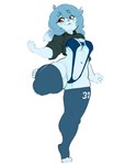 anthro big_breasts blue_body blue_fur breasts clothing female fur legwear navel on_one_leg solo standing swimwear text text_on_clothing text_on_legwear text_on_thigh_highs thick_thighs thigh_highs wide_hips conditional_dnp supertrashparty lagomorph leporid mammal rabbit hi_res