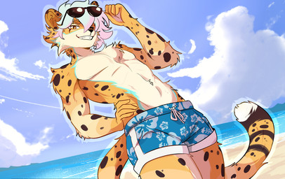 anthro beach biped blue_hair blue_markings brown_body brown_fur brown_spots brown_tail clothing countershade_torso countershading eyewear facial_markings fur hair half-closed_eyes hand_on_hip head_markings male male_anthro markings narrowed_eyes orange_eyes pink_hair sea sky smile smirk solo spots spotted_body spotted_fur spotted_markings spotted_tail sunglasses sunglasses_lift swimming_trunks swimwear tail tail_markings tan_body tan_fur teeth water white_body white_fur yellow_body yellow_eyes yellow_fur silvermaster ambi_valentston cheetah felid feline mammal 2025 digital_drawing_(artwork) digital_media_(artwork) hi_res