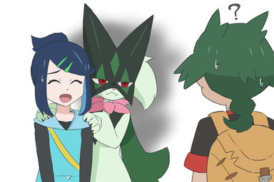 ambiguous_gender anthro backpack blue_hair bodily_fluids claws eyelashes eyes_closed female female_human fur green_body green_fur green_hair group hair jealous male male_human open_mouth question_mark red_eyes simple_background sweat tongue trio ylit nintendo pokemon liko's_meowscarada liko_(pokemon) ult_(pokemon) felid feline generation_9_pokemon human mammal meowscarada pokemon_(species) 2025 3:2 female_(lore)