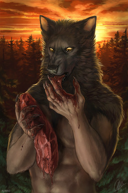 anthro blood bodily_fluids claws fangs food forest holding_object licking licking_blood looking_down male meat neck_tuft nude open_mouth outside plant sky solo standing sunset teeth tongue tongue_out tree tuft yellow_eyes aurru mythology canid canine mammal mythological_canine mythological_creature werecanid werecanine werecreature werewolf