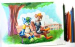 anthro belly blue_sky chair detailed_background duo football_pants fur furniture male multicolored_body multicolored_fur on_chair overweight partially_covered partially_covered_belly plant school sitting sitting_on_chair sky sportswear tree young young_anthro young_male pandapaco kazan_(kazan.k) canid canine canis mammal mustelid otter wolf 16:10 2021 traditional_media_(artwork) widescreen