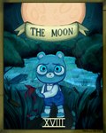 anthro biped blue_body blue_eyes card card_template clothed clothing detailed_background flower fortune_telling major_arcana moon night outside plant sad shirt tarot tarot_card the_moon_(tarot) topwear water young young_anthro mocaccinoxd unicorn_wars azulin_(unicorn_wars) bear mammal suid suina sus_(pig) wild_boar 2023 4:5 hi_res