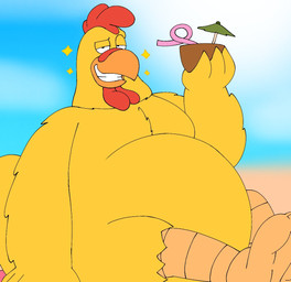 anthro beach beverage blurred_background cocktail_garnish cocktail_umbrella coconut coconut_drink drinking_straw drupe_(fruit) feathers food fruit grin half-closed_eyes holding_beverage holding_object looking_at_viewer male narrowed_eyes plant silly_straw sitting smile smug solo star umbrella yellow_body yellow_feathers pt80s0up family_guy ernie_the_giant_chicken avian bird chicken galliform phasianid