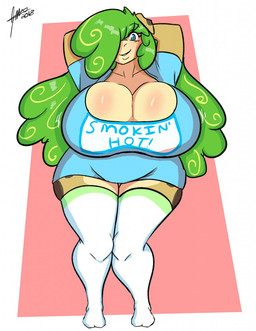 anthro big_breasts blush body_blush breast_blush breasts clothing female hair huge_breasts pajamas shirt solo text text_on_clothing text_on_shirt text_on_topwear topwear year jwinkz petunia_patterns domestic_pig mammal suid suine sus_(pig) 2018 hi_res signature