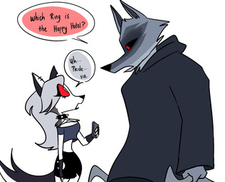 anthro black_sclera cellphone clothing dialogue duo electronics female fingerless_gloves fur gloves grey_body grey_fur grey_hair hair handwear larger_male long_hair male phone red_eyes red_sclera sickle size_difference smaller_female smartphone speech_bubble text white_body white_eyes white_fur emositecc dreamworks hellaverse helluva_boss mythology puss_in_boots_(franchise) death_(puss_in_boots) loona_(helluva_boss) canid canid_demon canine canis demon hellhound mammal mythological_canine mythological_creature wolf colored english_text hi_res