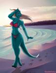 beach bikini blue_body clothing detailed_background female footprint horn outside pawprint sand sea seaside smile solo strolling sun sunset swimwear tail two-piece_swimsuit walking water wave wind noelleneko mythology salva_saphirschuppe dragon mythological_creature mythological_scalie scalie 2017 hi_res