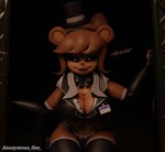 anthro big_breasts bow_ribbon breasts clothed clothing crossgender dialogue female hat headgear headwear legwear machine mtf_crossgender name_tag skimpy solo text thigh_highs top_hat anonymous_0ne five_nights_at_freddy's fredina's_nightclub scottgames freddy_(fnaf) fredina_(cally3d) animatronic bear mammal robot 2023 3d_(artwork) digital_media_(artwork) english_text hi_res